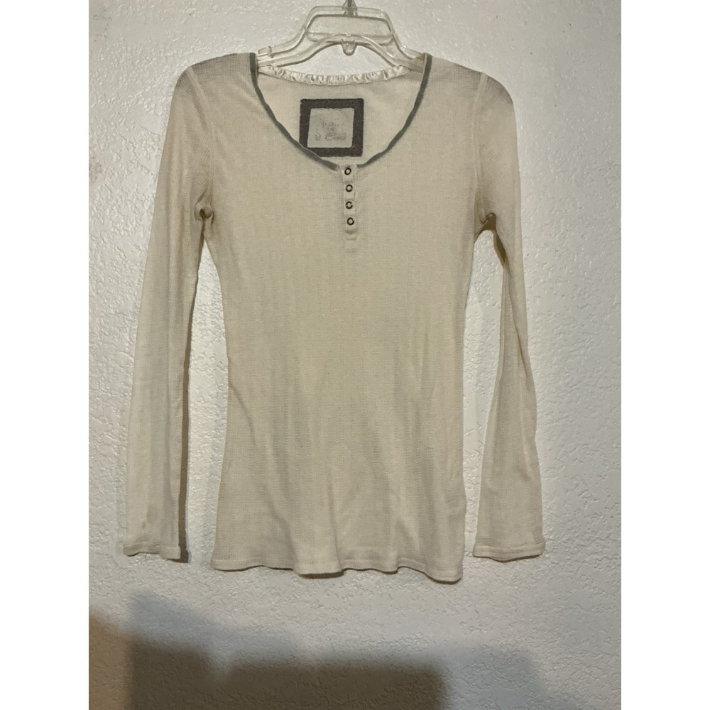 Henley Top Lace Ribbon Ivory Pointelle Ribbed Button Large Women's - Picture 1 of 8